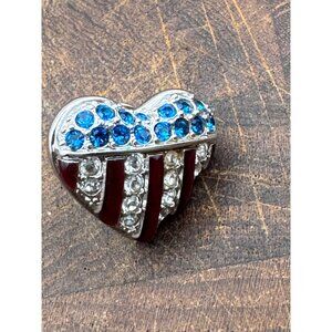 Swarovski Swan Signed Red White Blue Crystal Heart Pin Patriotic Silver Plate